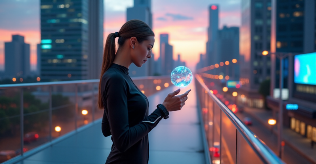 "A young woman stands confidently on a catwalk, gazing at a holographic display projected from her wrist device, surrounded by a futuristic cityscape with AI-powered learning strategies reflected in her determined expression."
