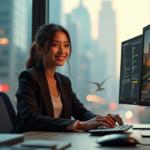 "Unlock Long-Term Freelance Success with AI-Driven Skills for a Thriving Gig Economy" "A young woman sits confidently at a cluttered desk, surrounded by AI tools and software, wearing a tailored blazer, with a warm smile gazing out at a sunny cityscape."