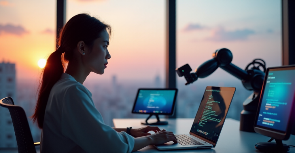 "A young woman with Asian-Latin American features sits at a modern desk, surrounded by AI gadgets, coding interface on tablet, and futuristic devices, gazing intently at her laptop screen."