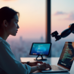 "A young woman with Asian-Latin American features sits at a modern desk, surrounded by AI gadgets, coding interface on tablet, and futuristic devices, gazing intently at her laptop screen."
