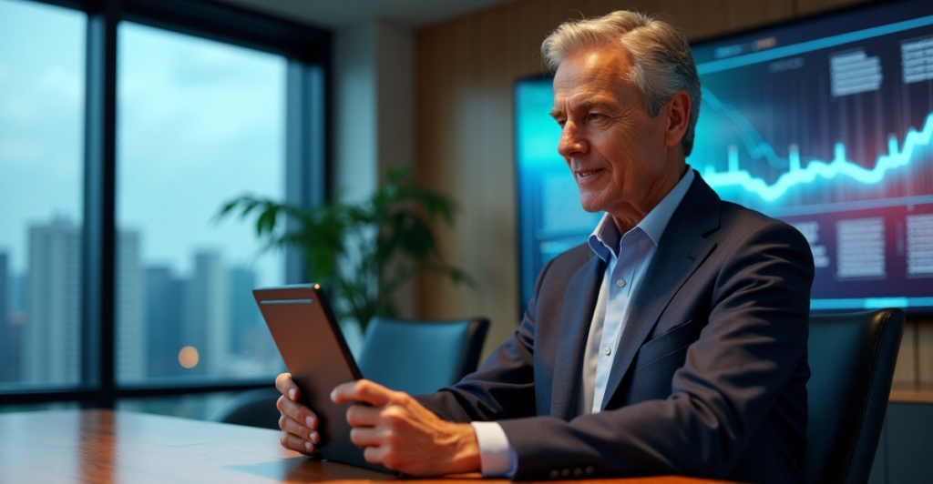 "A middle-aged executive in a business suit sits at a modern conference table, intently focused on a tablet displaying an upward trend graph, surrounded by state-of-the-art technology and awards."