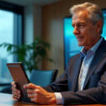 "A middle-aged executive in a business suit sits at a modern conference table, intently focused on a tablet displaying an upward trend graph, surrounded by state-of-the-art technology and awards."