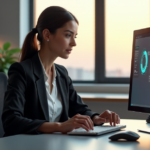 A young professional woman sits at a modern desk, intensely focused on her computer monitor displaying an AI interface, surrounded by various tools and gadgets in a minimalist office space with natural light pouring in during golden hour.