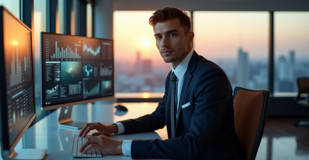 "A young business professional confidently sits in front of a high-tech workstation with multiple screens displaying data visualizations and analytics dashboards, showcasing AI automation skills."