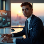 "A young business professional confidently sits in front of a high-tech workstation with multiple screens displaying data visualizations and analytics dashboards, showcasing AI automation skills."