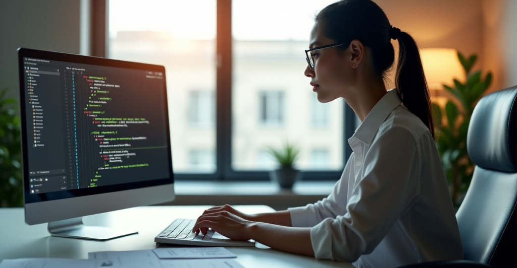 "A young woman sits at a modern desk, intensely focused on coding with AI automation concepts open nearby."