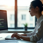 "A young woman sits at a modern desk, intensely focused on coding with AI automation concepts open nearby."