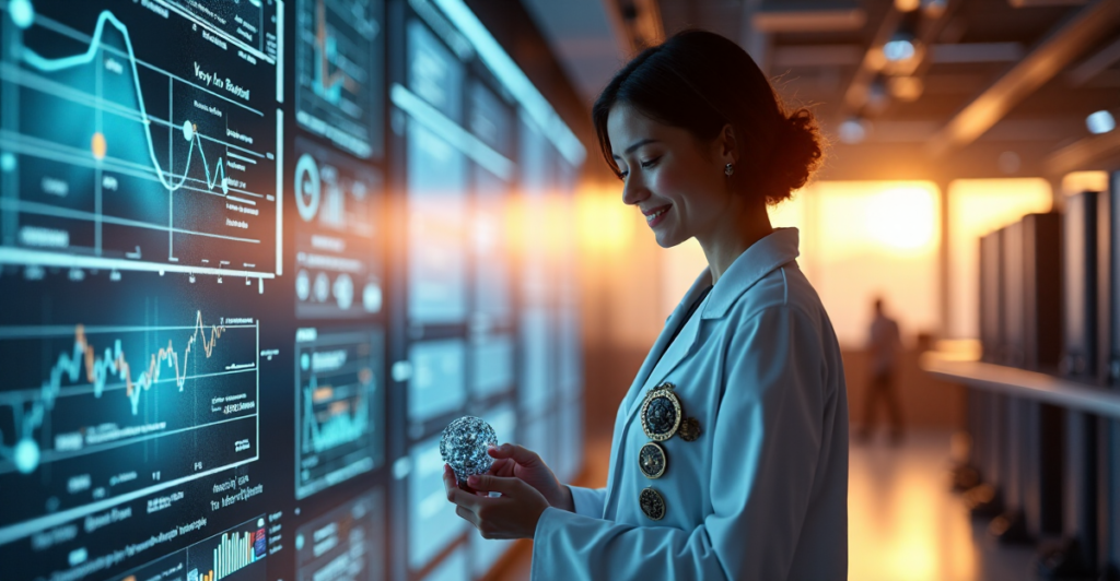 "A data scientist stands confidently in a futuristic lab surrounded by AI-powered analytics equipment, symbolizing future-proof skills and technological advancement."