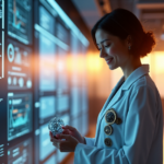 "A data scientist stands confidently in a futuristic lab surrounded by AI-powered analytics equipment, symbolizing future-proof skills and technological advancement."