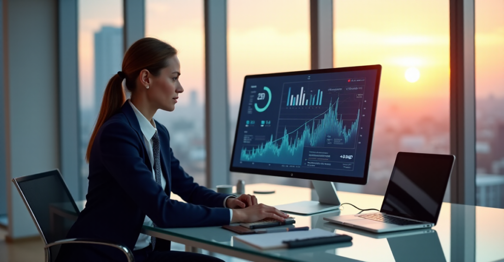 "A confident business executive sits at a minimalist desk, analyzing AI-powered analytics on her computer screen amidst a warm golden hour-lit background."