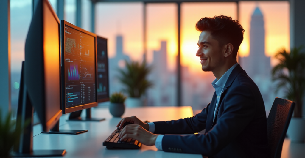 "A young professional sits confidently at a minimalist desk, mastering AI automation with calm focus and precision, surrounded by cutting-edge technology in a futuristic office environment."