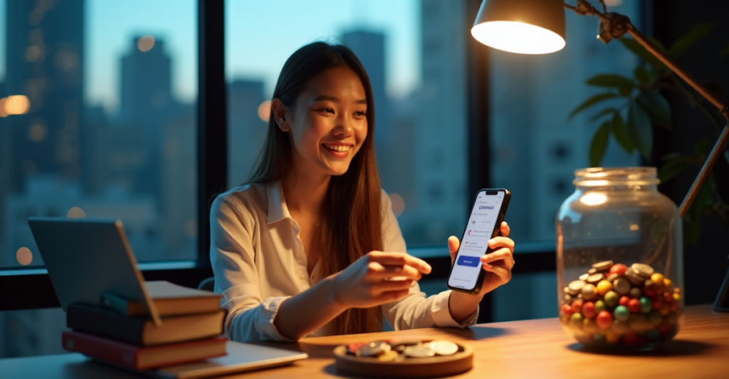 "A young woman sits at a wooden desk, surrounded by blockchain artifacts, smiling as she donates to charity via AI-aided automation."