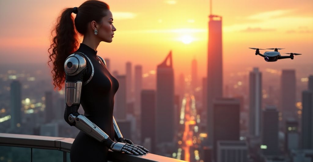"A young woman stands confidently in front of a futuristic cityscape, with her hands on a robotic arm, symbolizing AI automation skills and innovation."