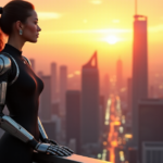 "Unlocking AI Automation Skills for a Future-Ready Workforce" "A young woman stands confidently in front of a futuristic cityscape, with her hands on a robotic arm, symbolizing AI automation skills and innovation."