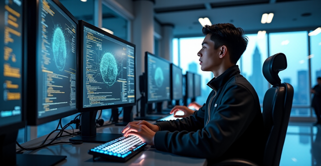 "A young programmer in a futuristic laboratory surrounded by blockchain network visualizations and code snippets, showcasing AI automation skills and focus."