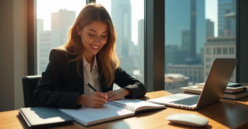 "A young professional woman sits at a wooden desk, surrounded by career planning tools, introspectively reviewing her self-assessment journal with notes on AI Automation Skills and career goals."