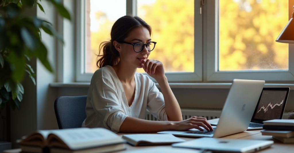 A young woman sits at a cluttered yet organized desk, surrounded by laptops and books on freelance management and AI-driven strategies, intensely studying a graph illustrating the growth of the gig economy with AI automation skills in mind.