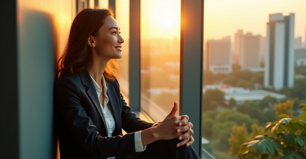 "A young professional woman sits confidently in a modern office space surrounded by lush greenery and city views, exuding determination and hope as she gazes out at her future-proof skills unfolding."