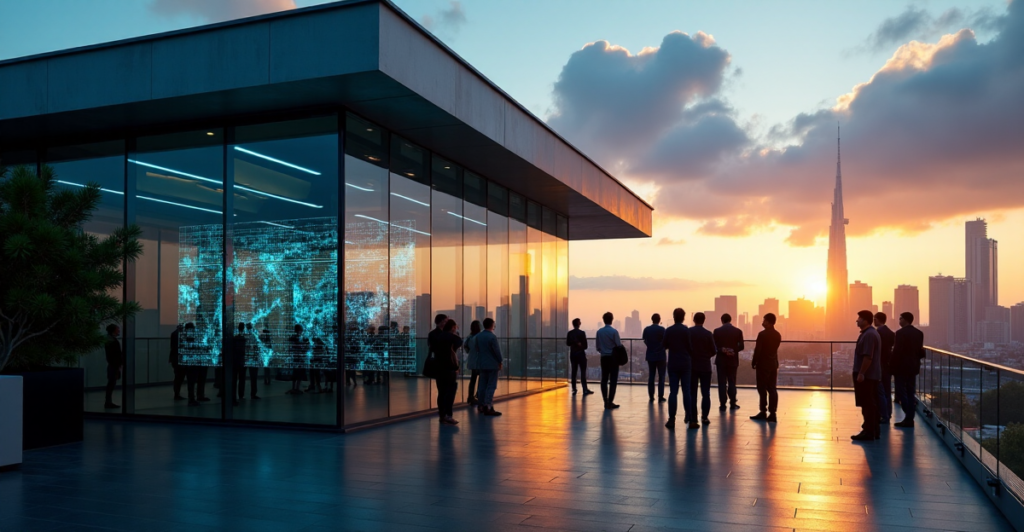 "A group of people gathered around a digital screen displaying an animated blockchain network in a modern bank building at dusk, amidst city skyscrapers."