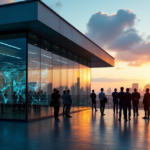 "A group of people gathered around a digital screen displaying an animated blockchain network in a modern bank building at dusk, amidst city skyscrapers."