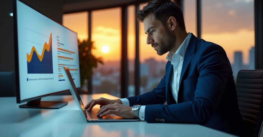 "A corporate executive sits at a modern desk, focused on cybersecurity training, with a cityscape at sunset behind them, conveying confidence and forward-thinking."