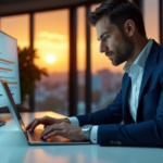 "A corporate executive sits at a modern desk, focused on cybersecurity training, with a cityscape at sunset behind them, conveying confidence and forward-thinking."