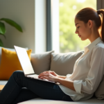 A young woman sits confidently on a minimalist couch, laptop open, surrounded by greenery, books, and warm natural light, exuding determination as she masters future-proof skills in remote work.
