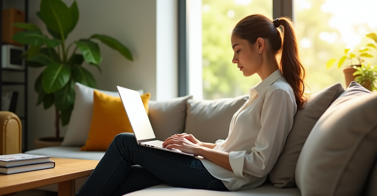 A young woman sits confidently on a minimalist couch, laptop open, surrounded by greenery, books, and warm natural light, exuding determination as she masters future-proof skills in remote work.