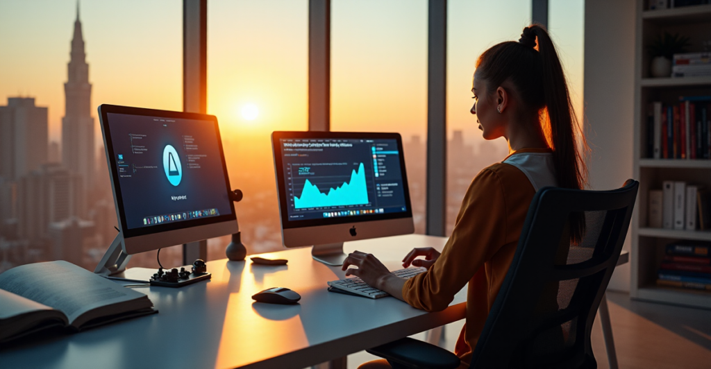 "A young woman confidently works on a state-of-the-art computer in a high-tech office, surrounded by AI automation software and books on artificial intelligence, emphasizing the importance of future-proof skills for career success."