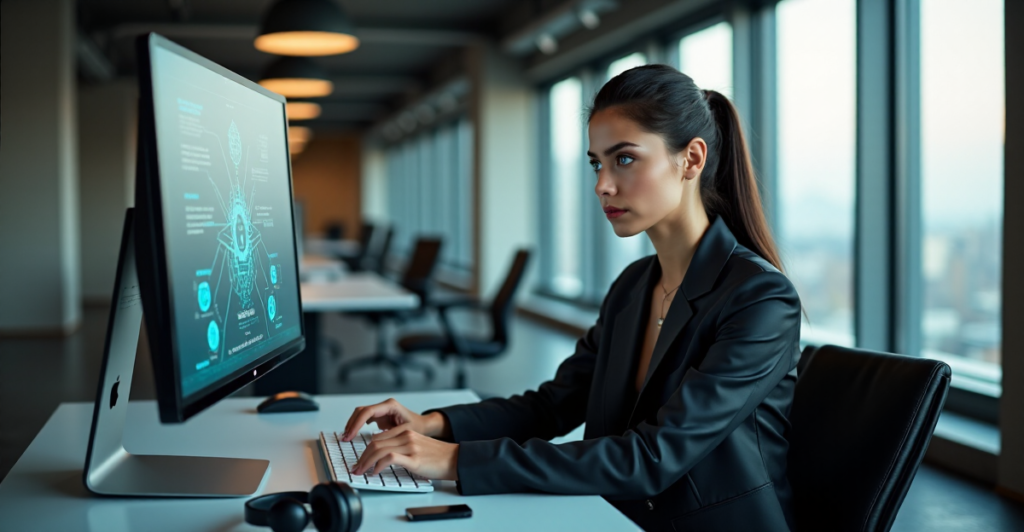 "A young woman in a black business suit sits confidently at a modern desk, analyzing a complex network diagram on her computer screen with focus and determination."