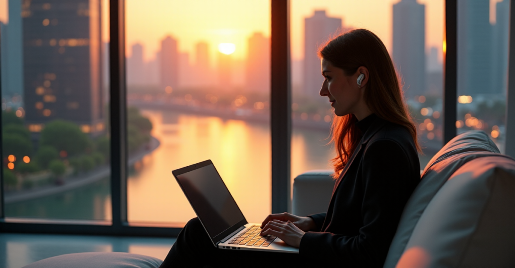 "A young adult sits on a minimalist couch in a high-tech home office, surrounded by cityscape views at sunset, focused on their laptop with wireless earbuds, unlocking future-proof skills through online learning."