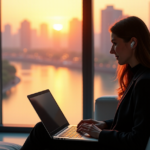 "A young adult sits on a minimalist couch in a high-tech home office, surrounded by cityscape views at sunset, focused on their laptop with wireless earbuds, unlocking future-proof skills through online learning."