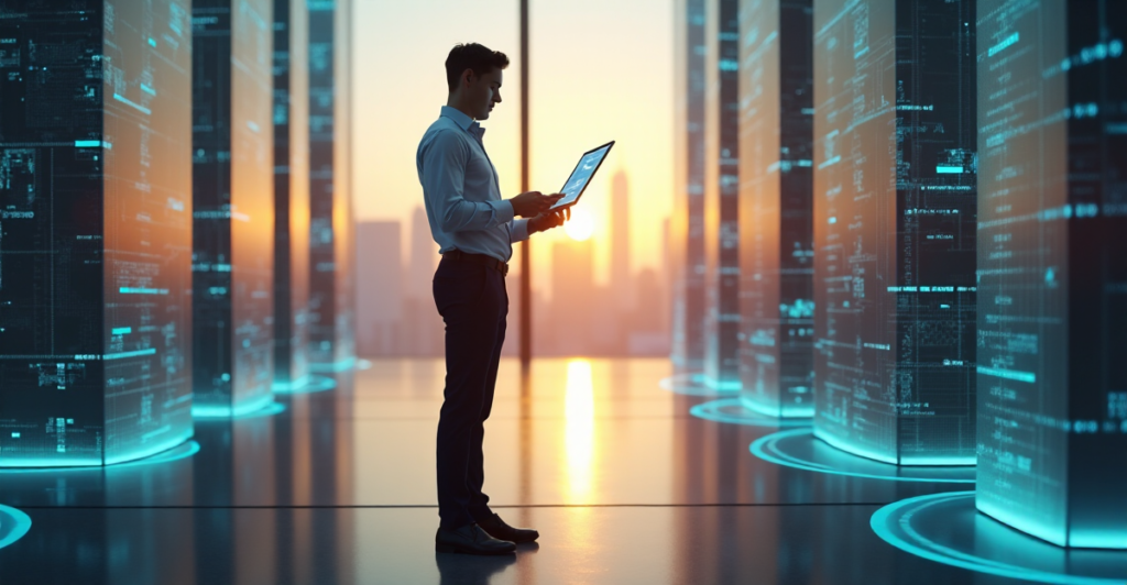 "A young professional stands confidently in front of a futuristic digital landscape, mastering AI-powered tools and future-proof skills."