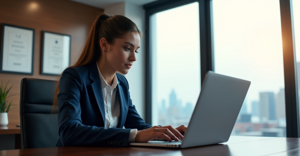 A confident businesswoman sits at a dark wood desk reviewing AI-powered insights on future-proof skills and career advancement strategies in a modern office space with natural light.