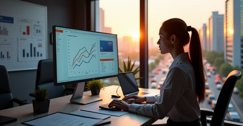 "A young businesswoman sits at a modern desk, intensely studying data analytics on her large screen display, surrounded by marketing materials in a well-lit office with natural light pouring in."