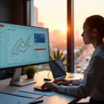 "A young businesswoman sits at a modern desk, intensely studying data analytics on her large screen display, surrounded by marketing materials in a well-lit office with natural light pouring in."