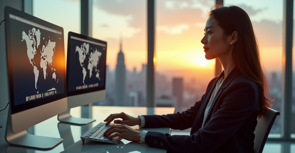 "A young professional in a modern business outfit navigates global challenges with AI automation skills, surrounded by high-tech home office setup and cityscape view."