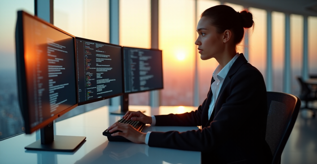 "A young professional sits confidently in front of a futuristic computer setup, mastering advanced AI automation skills to future-proof their career."