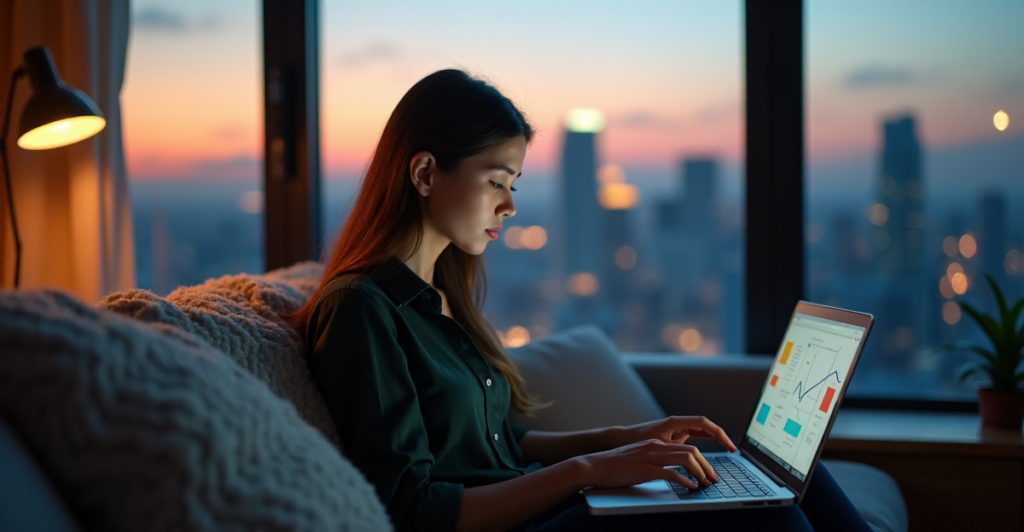 "A young professional woman sits on a modern couch, intensely focused on her laptop displaying virtual whiteboard notes, surrounded by serene cityscape at dusk."
