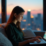 "A young professional woman sits on a modern couch, intensely focused on her laptop displaying virtual whiteboard notes, surrounded by serene cityscape at dusk."