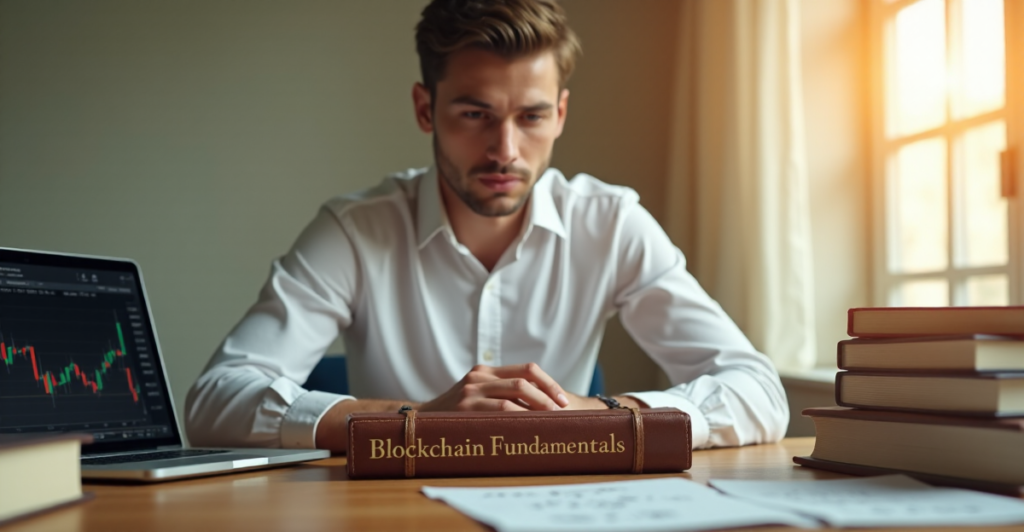 "A person deeply engaged in studying blockchain fundamentals, surrounded by cryptocurrency charts and books on blockchain technology."