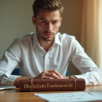 "A person deeply engaged in studying blockchain fundamentals, surrounded by cryptocurrency charts and books on blockchain technology."
