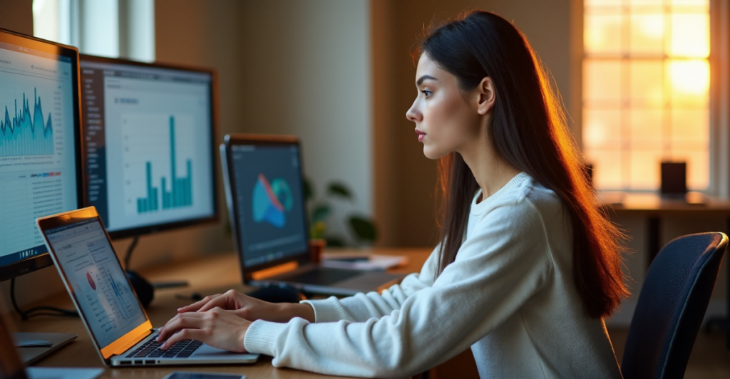 "A young woman intensely focused on data analytics visualizations displayed across multiple screens, surrounded by data science tools and equipment."