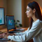 "A young woman intensely focused on data analytics visualizations displayed across multiple screens, surrounded by data science tools and equipment."