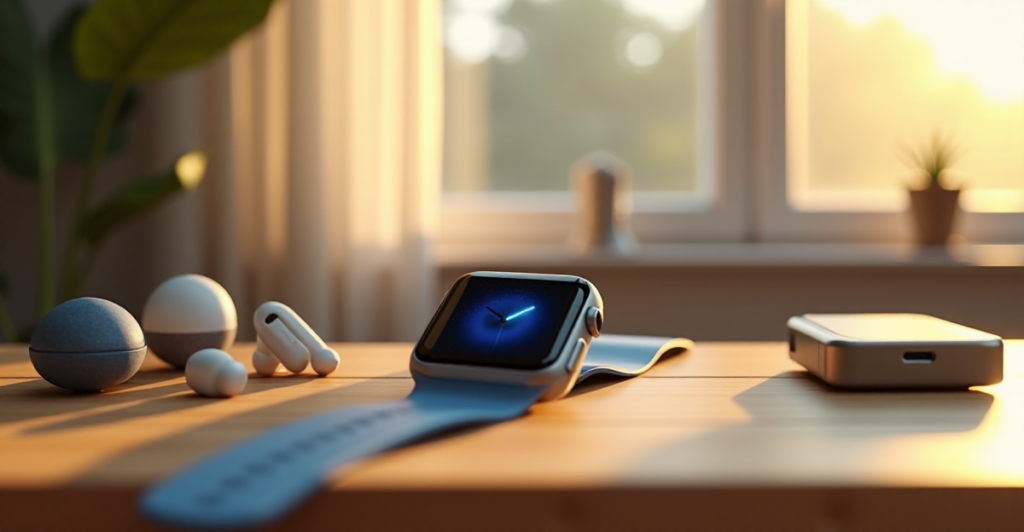 "A modern living room scene featuring a sleek smartwatch on a wooden desk surrounded by innovative tech accessories, highlighting AI automation skills in action."