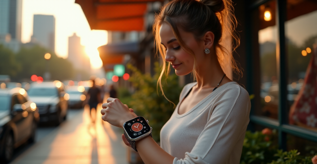 "A young woman wearing a sleek silver smartwatch with touchscreen display walks towards the camera amidst blooming flowers and greenery, surrounded by a blurred cityscape at dusk."
