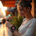 "A young woman wearing a sleek silver smartwatch with touchscreen display walks towards the camera amidst blooming flowers and greenery, surrounded by a blurred cityscape at dusk."