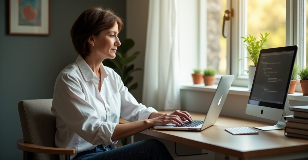 "A middle-aged woman sits at a desk, surrounded by modern technology, showcasing her mastery of AI automation skills as she works on her laptop in a serene morning setting."