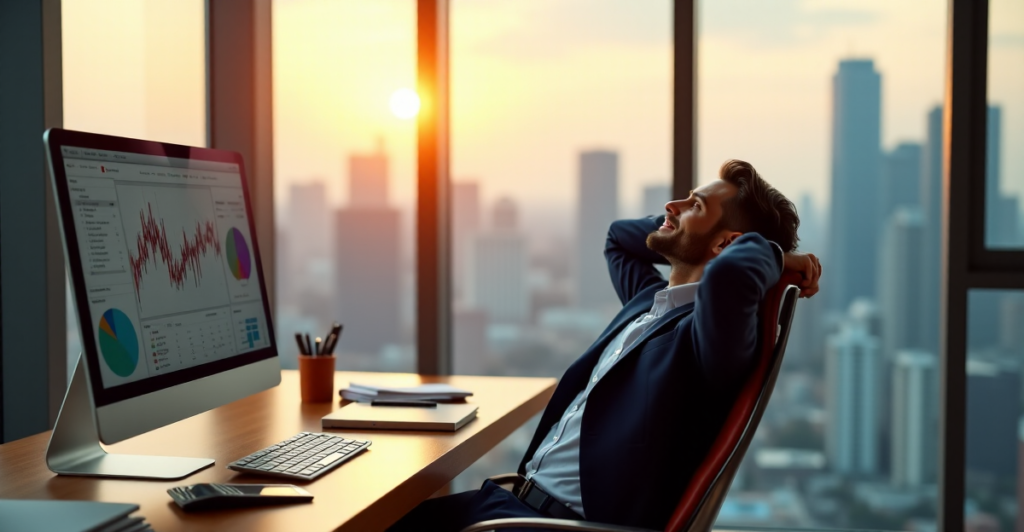 "A photorealistic businessman sits at a modern desk, surrounded by data analytics tools and financial reports, exuding confidence and satisfaction."