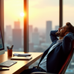 "A photorealistic businessman sits at a modern desk, surrounded by data analytics tools and financial reports, exuding confidence and satisfaction."